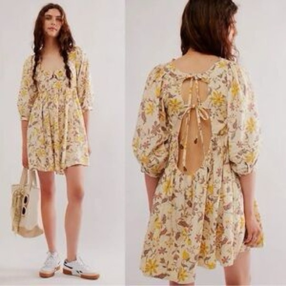 Free People Lola Yellow and Cream Backless keyhole mini Dress.